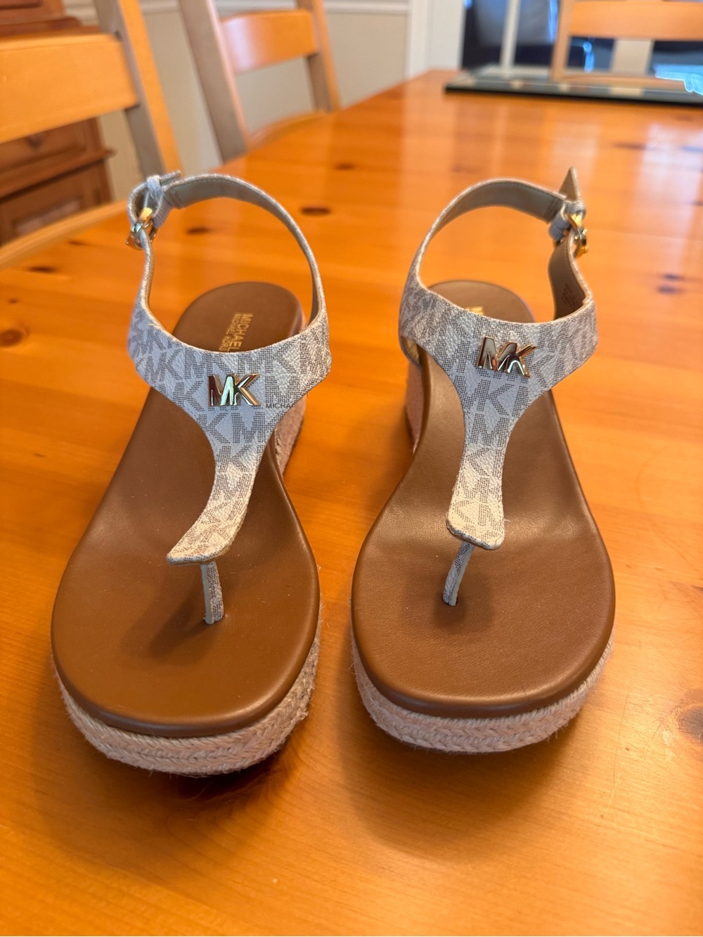 Michael Kors Taupe Logo T-Strap Espadrille Wedges